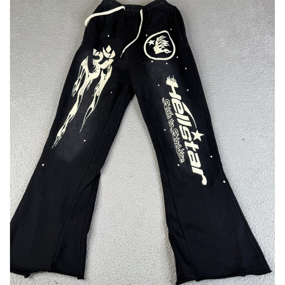 HELLSTAR Sweatpants Mens Medium Black Path To Paradise Graphic Distressed Faded